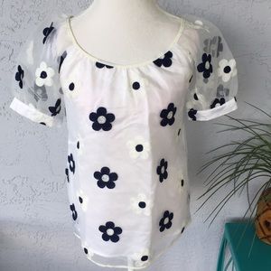 White and Navy Flower Top